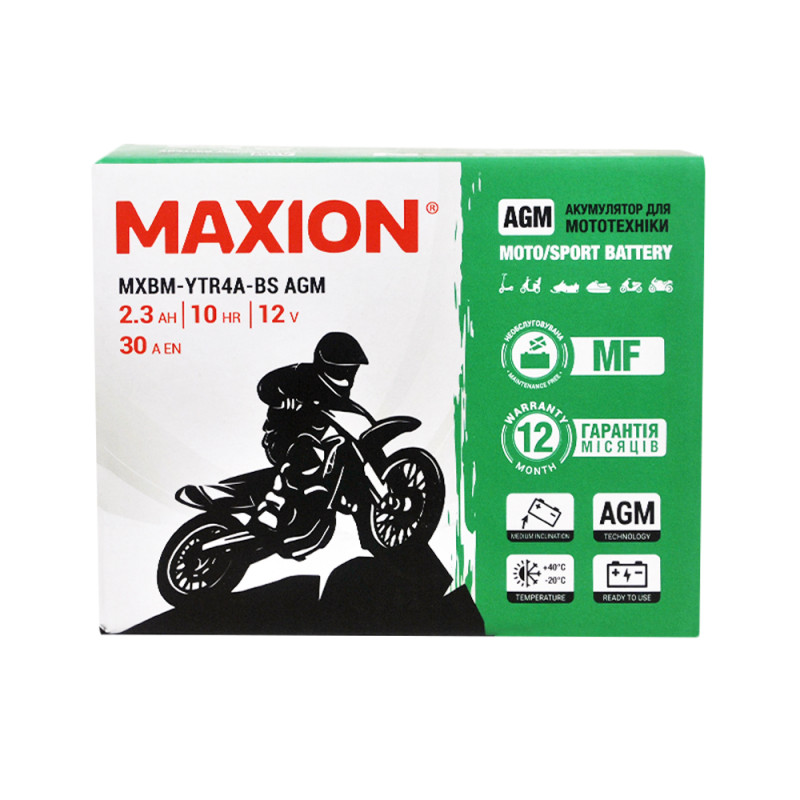 Мото акумулятор MAXION MXBM-YTR4A-BS (12V, 2,3Ah, 30A, -/+)