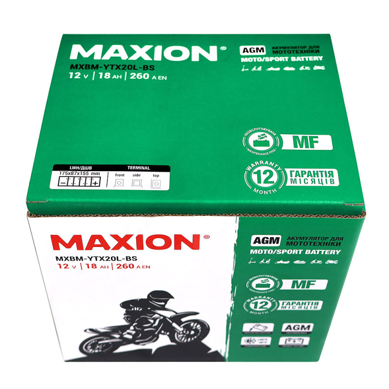 Мото акумулятор MAXION MXBM-YTX20L-BS (12V, 18Ah, 260A, -/+)