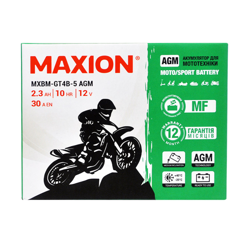 Мото акумулятор MAXION MXBM-GT4B-5 (12V, 2,3Ah, 30A, -/+)
