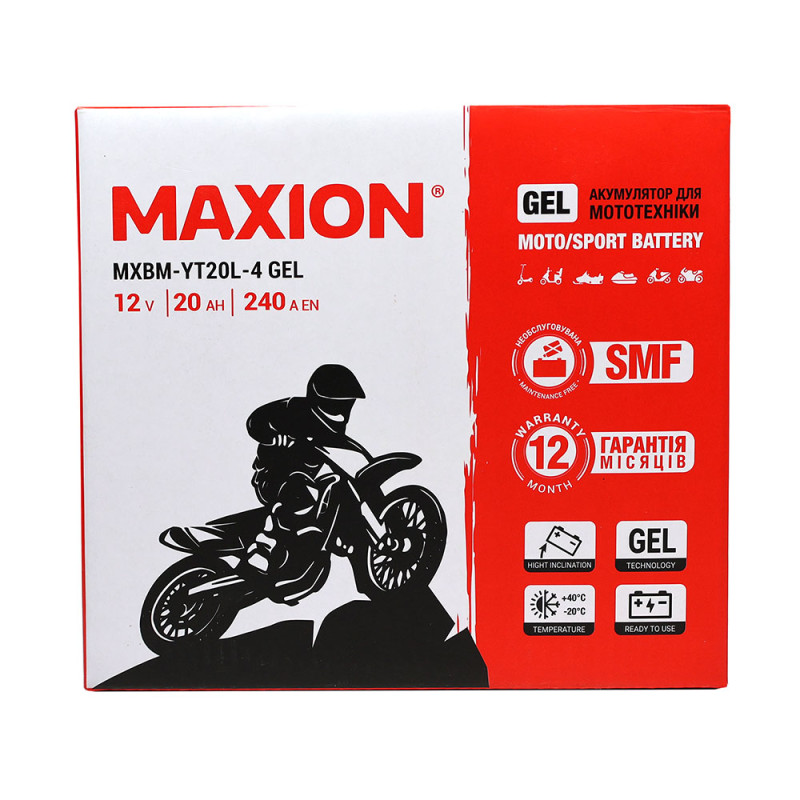Мото акумулятор MAXION 24MXBM-YT20L-4 GEL (12V, 20Ah, 240A, -/+)