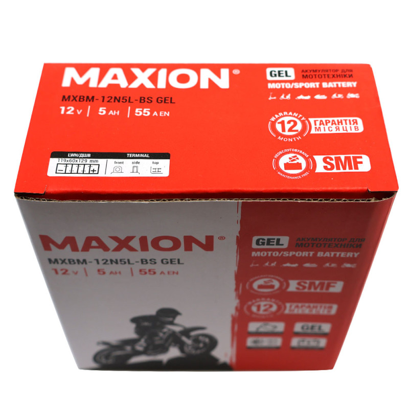 Мото акумулятор MAXION 24MXBM-12N5L-BS GEL (12V, 5Ah, 55A, -/+)