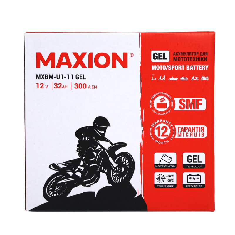 Мото акумулятор MAXION MXBM-U1-11 GEL (12V, 32Ah, 300A, +/-)