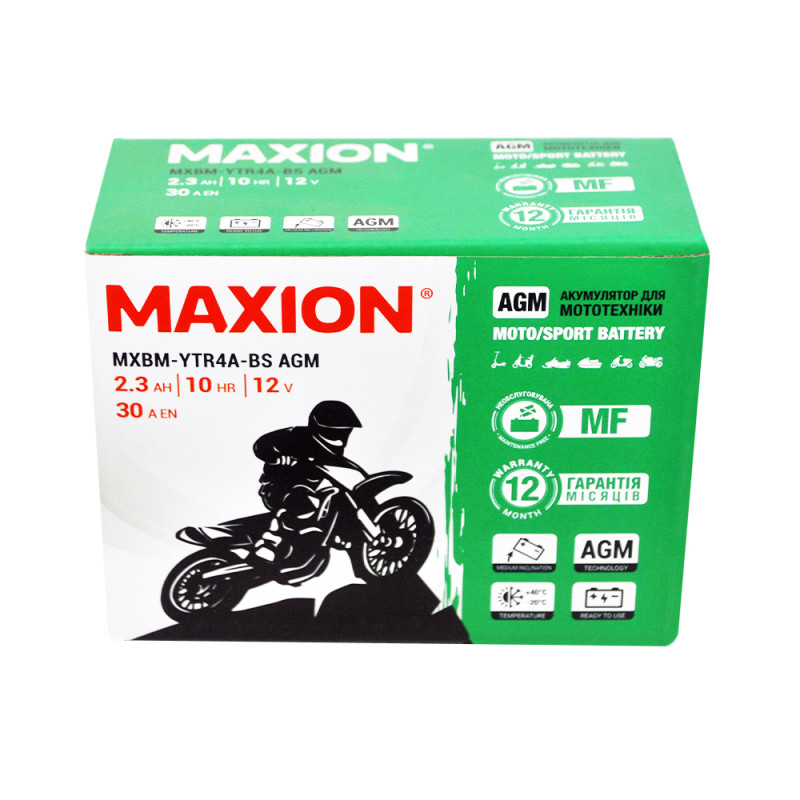 Мото акумулятор MAXION MXBM-YTR4A-BS (12V, 2,3Ah, 30A, -/+)