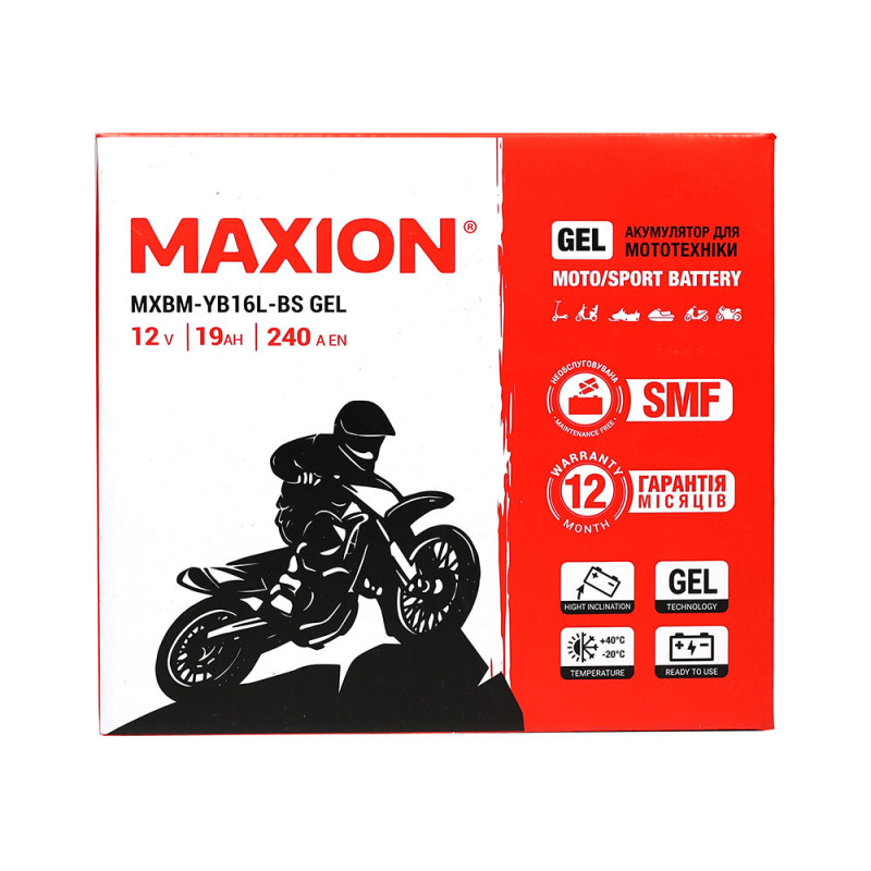 Мото акумулятор MAXION 24MXBM-YB16L-BS GEL (12V, 19Ah, 240A, -/+)