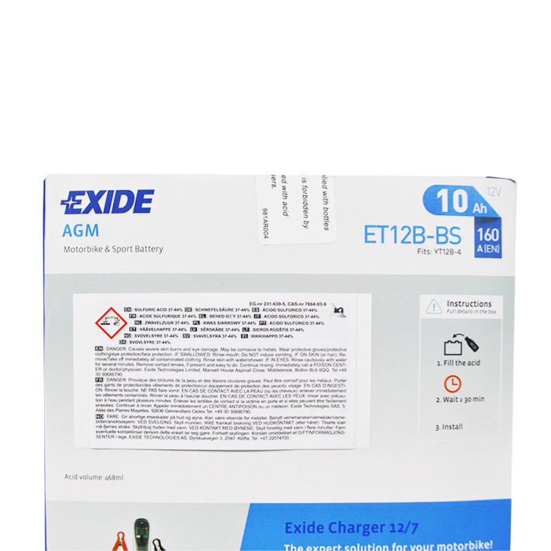 Мото акумулятор AGM ET 12B-BS EXIDE (12V, 10A)