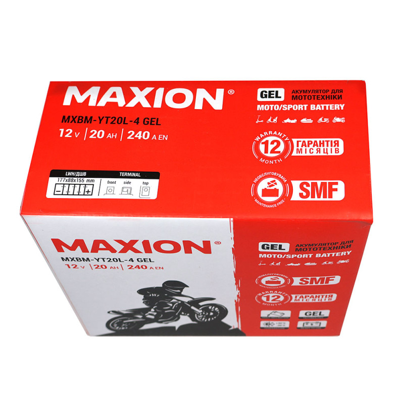 Мото акумулятор MAXION 24MXBM-YT20L-4 GEL (12V, 20Ah, 240A, -/+)