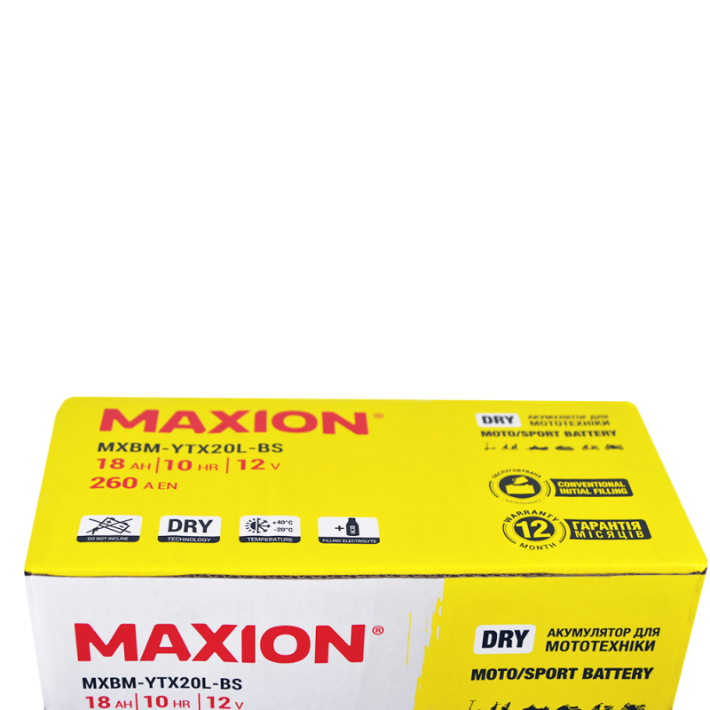 Мото акумулятор MAXION YTX20L-BS (12V, 18Ah, 260A, -/+) сухозаряджений без електроліту