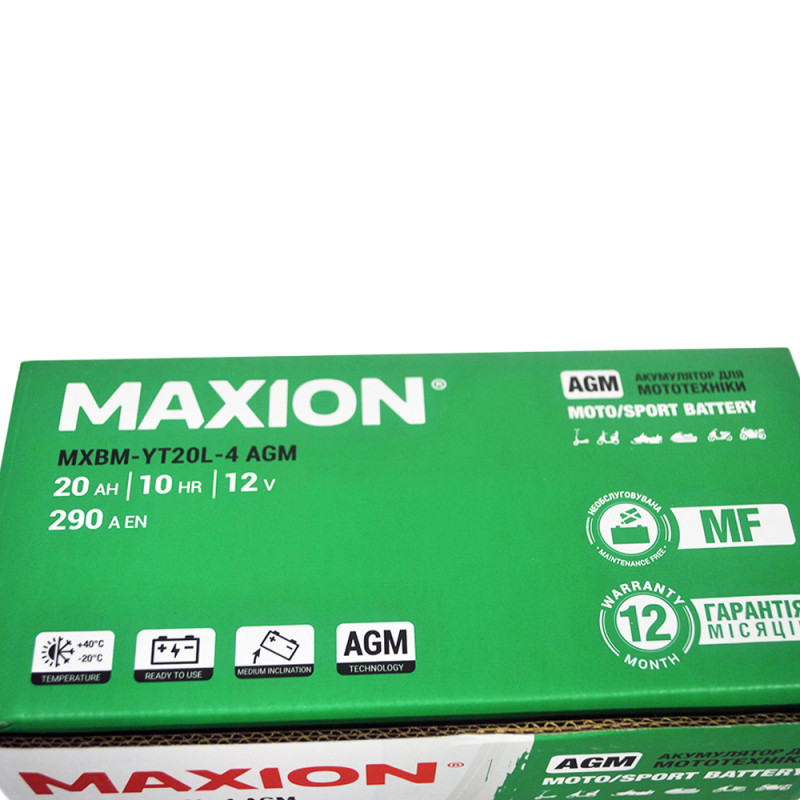 Мото акумулятор MAXION MXBM-YT20L-4 (12V, 20Ah, 330A, -/+)