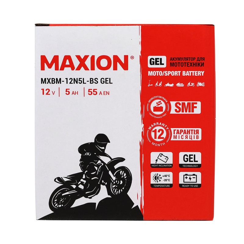 Мото акумулятор MAXION 24MXBM-12N5L-BS GEL (12V, 5Ah, 55A, -/+)