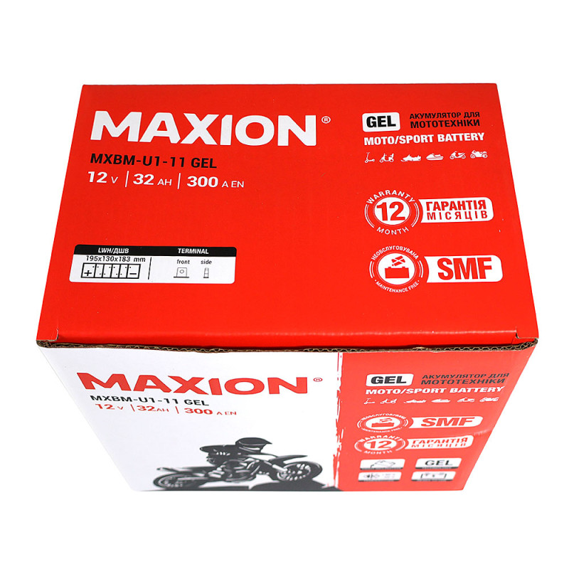 Мото акумулятор MAXION MXBM-U1-11 GEL (12V, 32Ah, 300A, +/-)