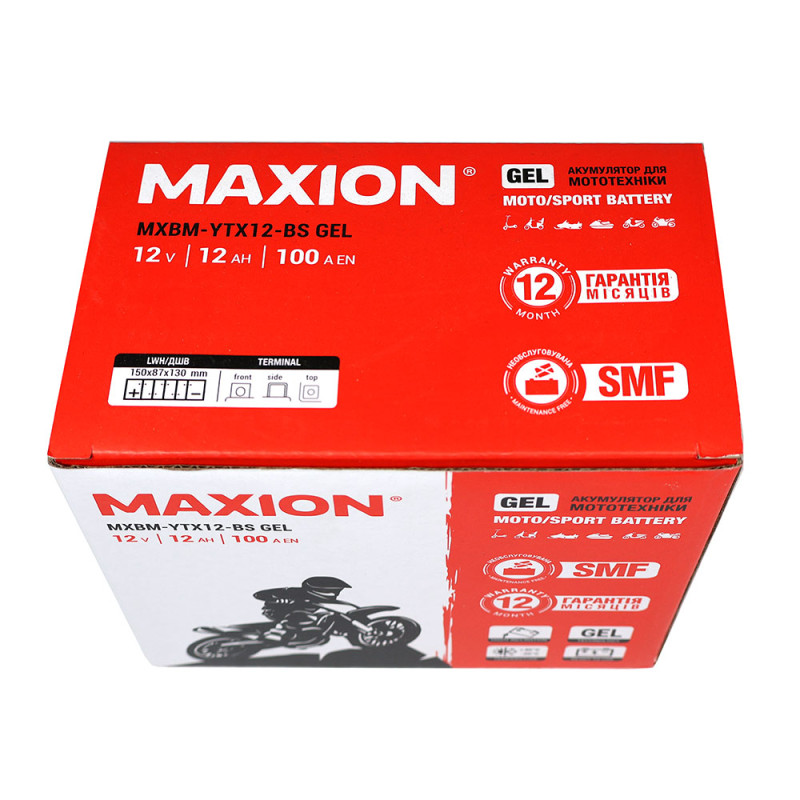 Мото акумулятор MAXION MXBM-YTX12-BS GEL (12V, 10Ah, 100A, +/-)