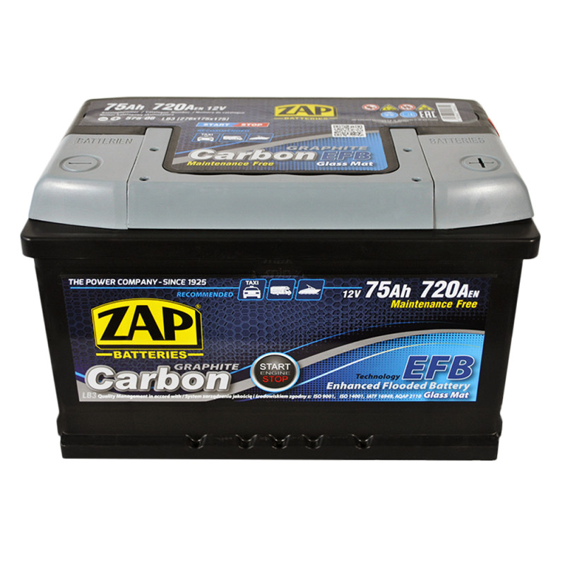 Автомобільний акумулятор ZAP Carbon EFB 75Ah 720A R+ (575 08) (LB3)(h=175)