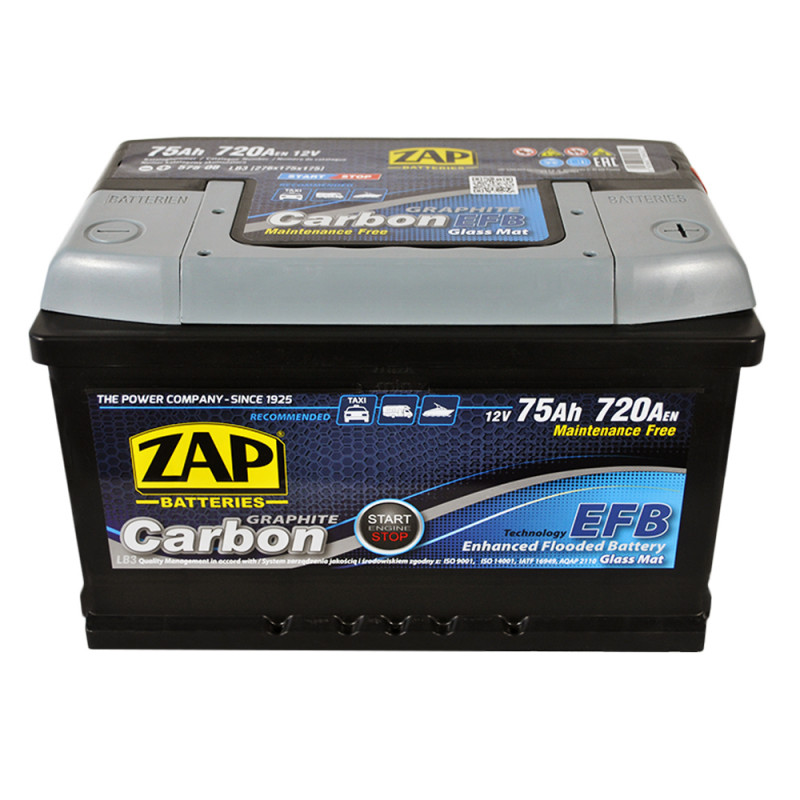 Автомобільний акумулятор ZAP Carbon EFB 75Ah 720A R+ (575 08) (LB3)(h=175)